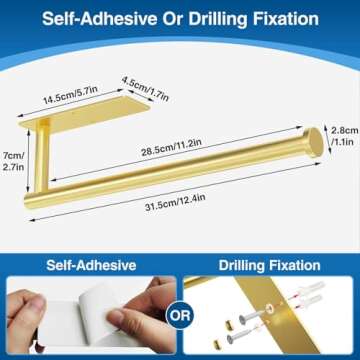 Paper Towel Holder - Self-Adhesive or Drilling, Gold, Wall Mounted, SUS304 Stainless Steel Kitchen Roll Dispenser Under Cabinet