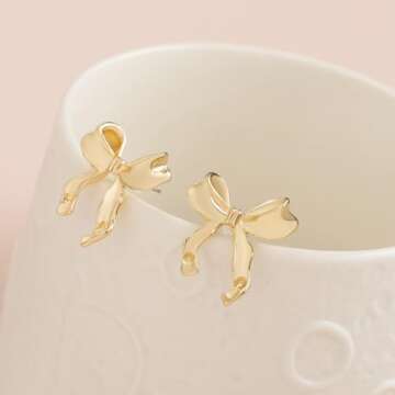 Numgug Gold Silver Bow Earrings for Women, 14K Gold Copper Ribbon Bow Stud Earrings, Cute BowKnot Jewelry Womens Gifts