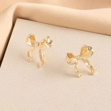 Numgug Gold Silver Bow Earrings for Women, 14K Gold Copper Ribbon Bow Stud Earrings, Cute BowKnot Jewelry Womens Gifts