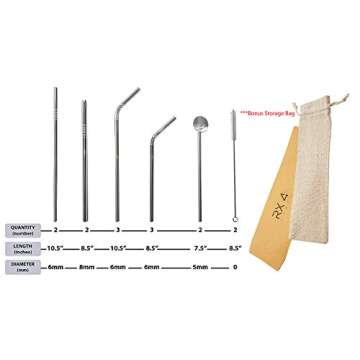 Set of 12 Stainless Steel Drinking Straws Variety Pack, Fits 30 oz & 20 oz RTIC, Yeti, Ozark Trail Tumblers includes 2 FREE Cleaning Brushes & Storage Bag