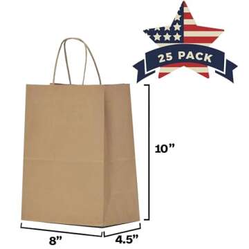 Qutuus Kraft Paper Gift Bags with Handles 8x4.5x10 25Pcs Brown Gift Bags Bulk Medium Size Small Busi...
