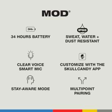 Skullcandy Mod In-Ear Wireless Earbuds, 34 Hr Battery, Microphone, Works with iPhone Android and Bluetooth Devices - Black