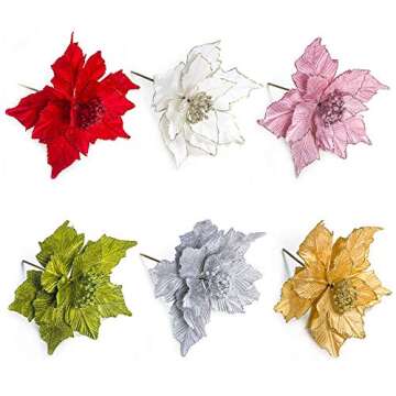 WDDH Glitter Christmas Poinsettia Flowers(6 Pack), 11 Wide Velvet Artificial Poinsettia Flower Picks Christmas Tree Ornaments, Artificial Flower Floral Picks for DIY Crafts Wreath Party Decor