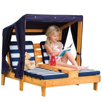 KidKraft Wooden Outdoor Double Chaise Lounge with Cup Holders, Kid's Patio Furniture, Honey with Nav...