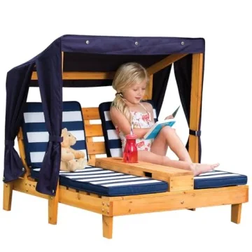 KidKraft Wooden Outdoor Double Chaise Lounge with Cup Holders, Kid's Patio Furniture, Honey with Nav...