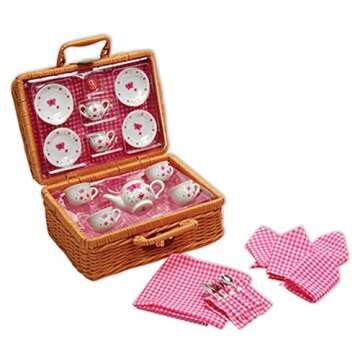 Schylling Butterfly Tea Set Basket - 23 Piece Miniature Porcelain Set with Picnic Basket - Includes ...