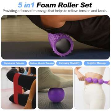 Joyenergy 5-in-1 Foam Roller Set for Deep Tissue Massage, Muscle Pain Relief, Improved Mobility, High-Density Back Roller for Whole Body Relieves Muscle Pain Muscle Massage (Purple)