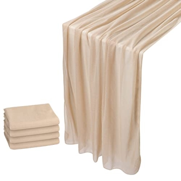 WELTRXE 4 Pack Champagne Gold Chiffon Table Runner 30x120 Inches Sheer Wedding Decor