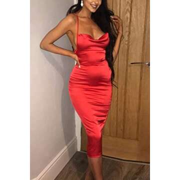 Velius Women's Sexy Spaghetti Strap Backless Lace up Bodycon Party Dress (Small, Red)