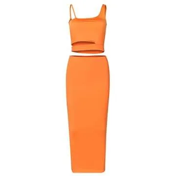 PRIMODA Women's Sexy Asymmetrical Spaghetti Strap Dress Square Neck Sleeveless Bodycon Midi Club Dress(Orange S)