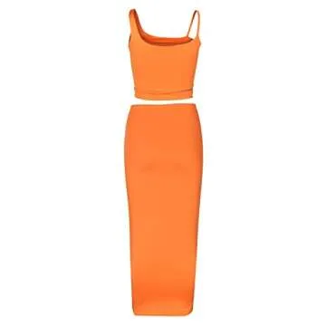 PRIMODA Women's Sexy Asymmetrical Spaghetti Strap Dress Square Neck Sleeveless Bodycon Midi Club Dress(Orange S)