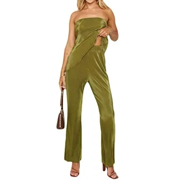NUFIWI Womens Sexy 2 Piece Pants Set Strapless Off Shoulder Tube Tops Pleated Wide Leg Pants Y2k Suits Summer Outfits