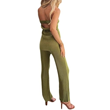 NUFIWI Womens Sexy 2 Piece Pants Set Strapless Off Shoulder Tube Tops Pleated Wide Leg Pants Y2k Suits Summer Outfits