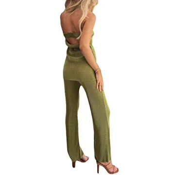 NUFIWI Womens Sexy 2 Piece Pants Set Strapless Off Shoulder Tube Tops Pleated Wide Leg Pants Y2k Suits Summer Outfits