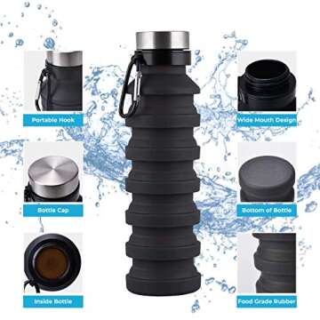 EcomKingdom Collapsible Water Bottle | BPA Free 550ml/18oz Reusable Water Bottle with Carabiner | Sports Silicone Travel Water Bottle Leakproof Portable Foldable Bottle for Outdoor Camping Gym Hiking