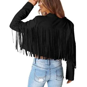PRETTYGARDEN Women's Fringe Faux Suede Leather Jackets 2024 Fashion Tassel Motorcycle Cropped Coats (Black,Medium)