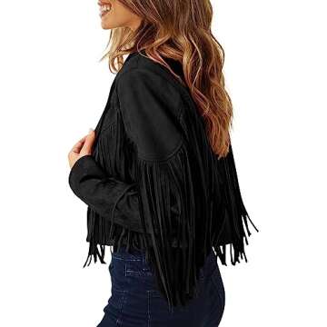 PRETTYGARDEN Women's Fringe Faux Suede Leather Jackets 2024 Fashion Tassel Motorcycle Cropped Coats (Black,Medium)