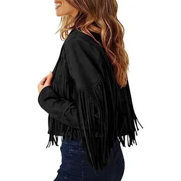 PRETTYGARDEN Women's Fringe Faux Suede Leather Jackets 2024 Fashion Tassel Motorcycle Cropped Coats (Black,Medium)
