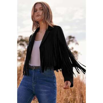 PRETTYGARDEN Women's Fringe Faux Suede Leather Jackets 2024 Fashion Tassel Motorcycle Cropped Coats (Black,Medium)