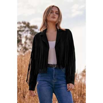 PRETTYGARDEN Women's Fringe Faux Suede Leather Jackets 2024 Fashion Tassel Motorcycle Cropped Coats (Black,Medium)