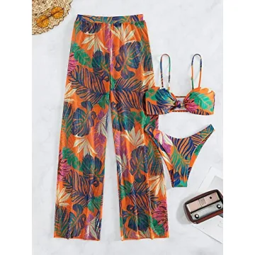 OYOANGLE Women's Tropical 3 Piece Knot Front Bikini Set