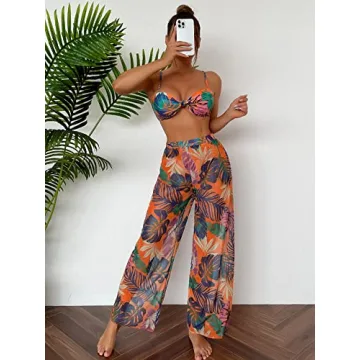 OYOANGLE Women's Tropical 3 Piece Knot Front Bikini Set