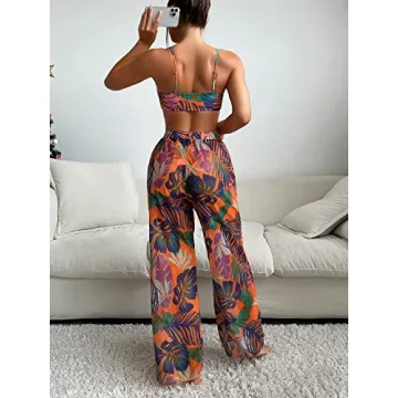 OYOANGLE Women's Tropical 3 Piece Knot Front Bikini Set