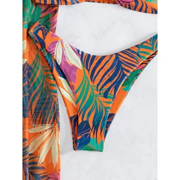 OYOANGLE Women's Tropical 3 Piece Knot Front Bikini Set