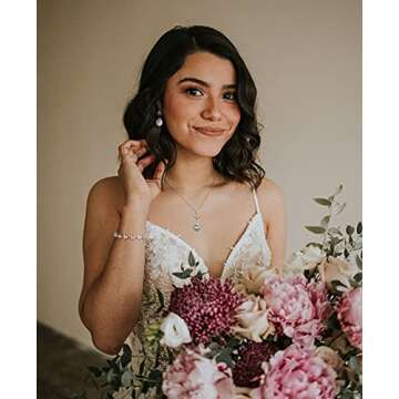 SWEETV Teardrop Bridal Jewelry Set for Wedding, Wedding Jewelry for Bride Bridesmaids, Cubic Zirconia Necklace Dangle Earrings Bracelet Set, Silver Prom Costume Jewelry Set for Women, 3Pcs