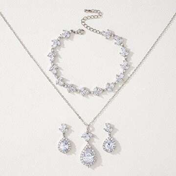 SWEETV Teardrop Bridal Jewelry Set for Wedding, Wedding Jewelry for Bride Bridesmaids, Cubic Zirconia Necklace Dangle Earrings Bracelet Set, Silver Prom Costume Jewelry Set for Women, 3Pcs