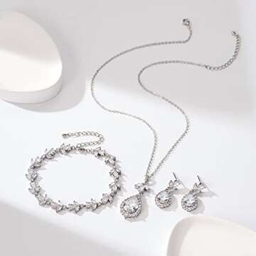 SWEETV Teardrop Bridal Jewelry Set for Wedding, Wedding Jewelry for Bride Bridesmaids, Cubic Zirconia Necklace Dangle Earrings Bracelet Set, Silver Prom Costume Jewelry Set for Women, 3Pcs