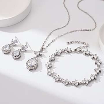 SWEETV Teardrop Bridal Jewelry Set for Wedding, Wedding Jewelry for Bride Bridesmaids, Cubic Zirconia Necklace Dangle Earrings Bracelet Set, Silver Prom Costume Jewelry Set for Women, 3Pcs