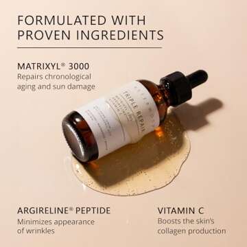 Asterwood Triple Repair Matrixyl 3000 + Argireline + Hyaluronic Acid + Vitamin C Serum for Face - Anti-Aging, Collagen Boosting, Hydrating - Fragrance-Free - 4 Fl Oz