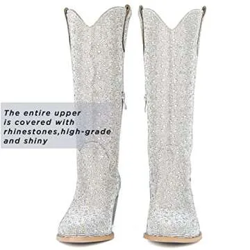 SOVANYOU Rhinestone Boots Cowboy Sparkly Boots for Women Silver Bling Boots Glitter Western Cowgirl Tall Boots Pointed Toe Crystal Knee High Boots