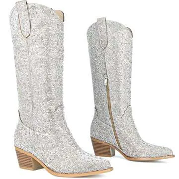 SOVANYOU Rhinestone Boots Cowboy Sparkly Boots for Women Silver Bling Boots Glitter Western Cowgirl Tall Boots Pointed Toe Crystal Knee High Boots