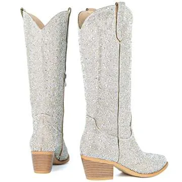 SOVANYOU Rhinestone Boots Cowboy Sparkly Boots for Women Silver Bling Boots Glitter Western Cowgirl Tall Boots Pointed Toe Crystal Knee High Boots