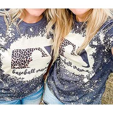 Baseball Mama Bleached T-Shirt for Women Funny Leopard Graphic Mama Distressed Shirt Letter Print Baseball Mom Tee Tops (Grey, L)