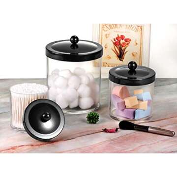 SheeChung Premium Quality Apothecary Jars - Clear Plastic Storage Jars with Rust Proof Stainless Steel Lids - Bathroom Vanity Countertop Organizer Canister Holder House Decor | Set of 3 (Black)