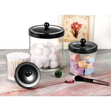SheeChung Premium Quality Apothecary Jars - Clear Plastic Storage Jars with Rust Proof Stainless Steel Lids - Bathroom Vanity Countertop Organizer Canister Holder House Decor | Set of 3 (Black)