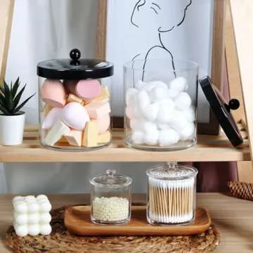 SheeChung Premium Quality Apothecary Jars - Clear Plastic Storage Jars with Rust Proof Stainless Steel Lids - Bathroom Vanity Countertop Organizer Canister Holder House Decor | Set of 3 (Black)