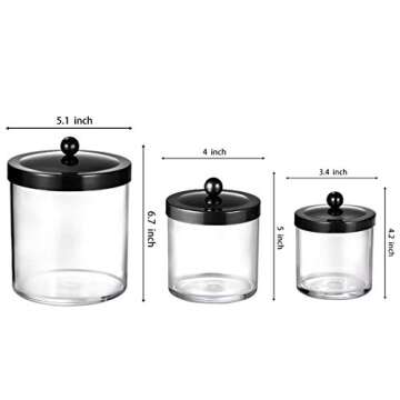 SheeChung Premium Quality Apothecary Jars - Clear Plastic Storage Jars with Rust Proof Stainless Steel Lids - Bathroom Vanity Countertop Organizer Canister Holder House Decor | Set of 3 (Black)