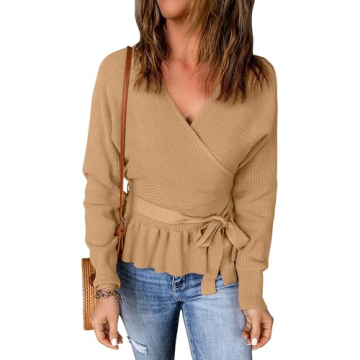 ZESICA Women's Fall V Neck Long Batwing Sleeve Sweater