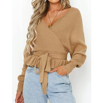 ZESICA Women's Fall V Neck Long Batwing Sleeve Sweater