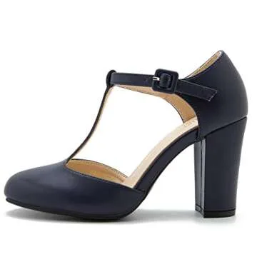 Elegant Women's T-Strap Block Heel Mary Jane Pumps in Navy