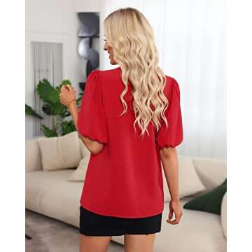 GRAPENT Women's True Red Cute Summer Blouse with Puff Sleeves and V-Neck