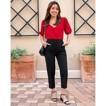 GRAPENT Women's Stylish True Red Blouse with Puff Sleeves