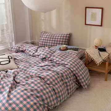 VM VOUGEMARKET Purple Pink Plaid Bedding Set Queen 3 Pieces Pink Blue Grid Duvet Cover with Zipper Ties 2 Pillowcases 100% Washed Cotton Luxury Soft Breathable Durable