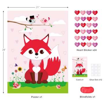 PLULON Valentines Game for Kids Pin Heart on Fox with 24 Heart Stickers Poster Backdrop for Girl Boy...