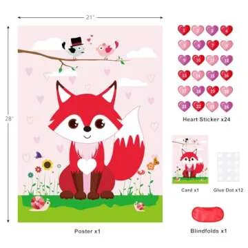 PLULON Valentines Game for Kids Pin Heart on Fox with 24 Heart Stickers Poster Backdrop for Girl Boy...
