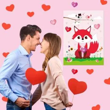PLULON Valentines Game for Kids Pin Heart on Fox with 24 Heart Stickers Poster Backdrop for Girl Boy Valentines Party Decorations School Family Classroom Activities Valentines Party Favor Supplies